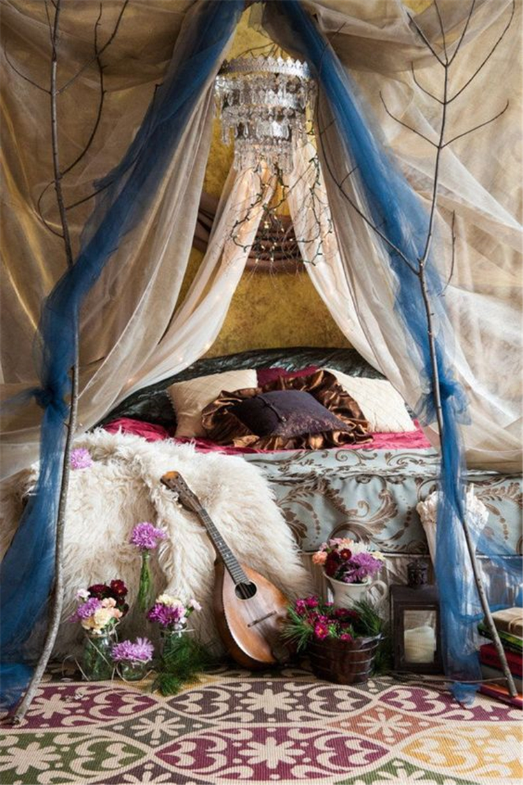 bohemian style,bedroom,fashion trend,bed,Bohemian style bed,bedroom carpet,Bohemian style bedroom carpet,Bohemian gauze curtains